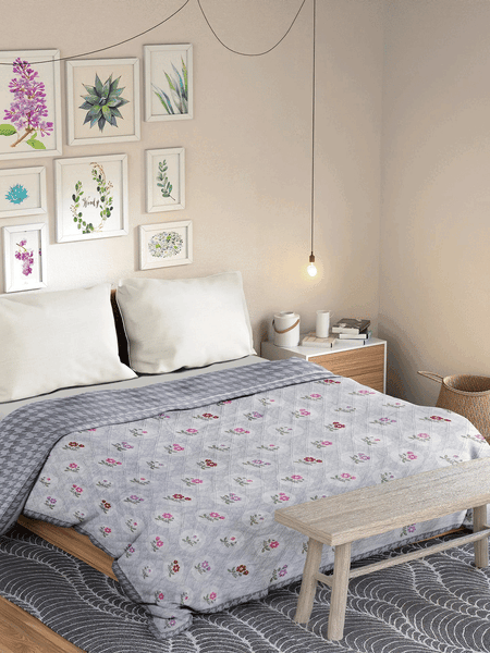 Ultrasonic Reversible Comforter ā Floral & Houndstooth (Grey & White) | Queen Size (90x90 inches)