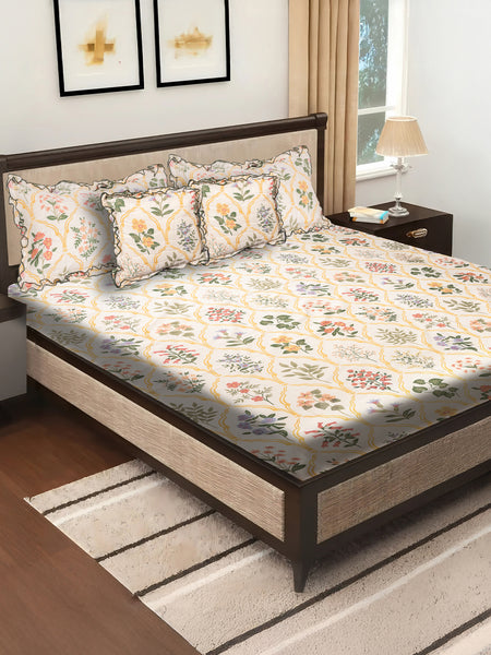 Elegant 5-Piece Quilted Bedding Set | King Size | Light Cream with Vintage Yellow, Green & Pink Floral Print