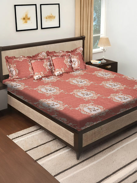 Elegant 5-Piece Quilted Bedding Set | King Size | Light Coral with Floral & Damask Accents