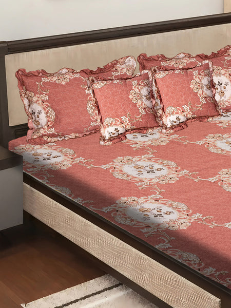 Elegant 5-Piece Quilted Bedding Set | King Size | Light Coral with Floral & Damask Accents