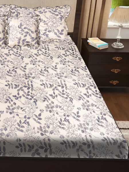 Elegant 5-Piece Quilted Bedding Set | King Size | Grey Leaf Botanical Print on White