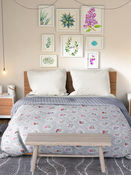 Ultrasonic Reversible Comforter – Floral & Houndstooth (Grey & White) | Queen Size (90x90 inches)