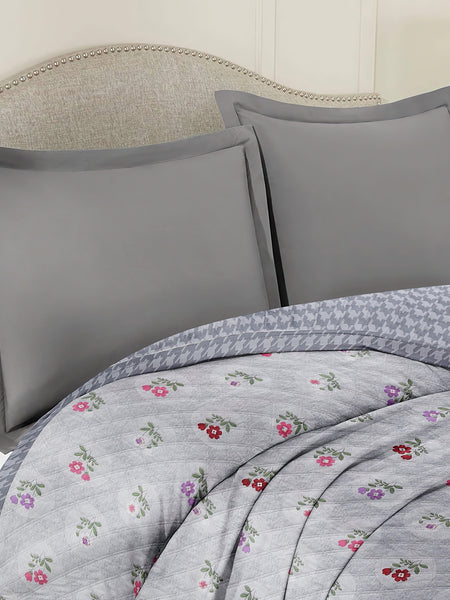 Ultrasonic Reversible Comforter – Floral & Houndstooth (Grey & White) | Queen Size (90x90 inches)