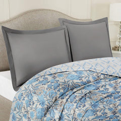 Ultrasonic Reversible Comforter – Classic Blue Blooms & Geometric Charm (Blue & Cream) | Queen Size (90x90 inches)