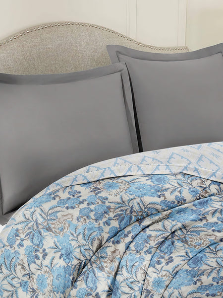 Ultrasonic Reversible Comforter – Classic Blue Blooms & Geometric Charm (Blue & Cream) | Queen Size (90x90 inches)