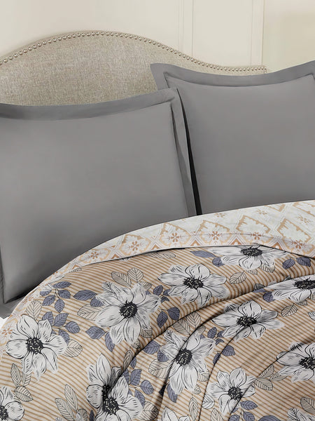 Ultrasonic Reversible Comforter – Floral Stripes & Geometric (Tan & White) | Queen Size (90x90 inches)