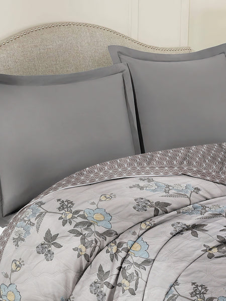 Ultrasonic Reversible Comforter – Floral & Geometric Lattice (Cream & Grey) | Queen Size (90x90 inches)
