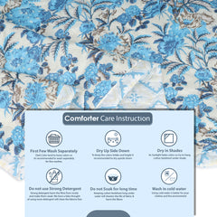 Ultrasonic Reversible Comforter – Classic Blue Blooms & Geometric Charm (Blue & Cream) | Queen Size (90x90 inches)