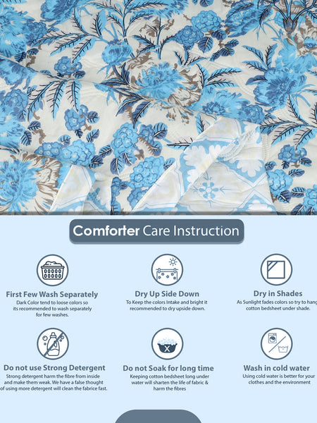 Ultrasonic Reversible Comforter – Classic Blue Blooms & Geometric Charm (Blue & Cream) | Queen Size (90x90 inches)