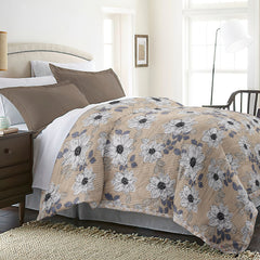 Ultrasonic Reversible Comforter – Floral Stripes & Geometric (Tan & White) | Queen Size (90x90 inches)