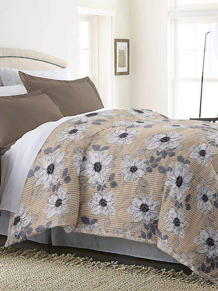 Ultrasonic Reversible Comforter – Floral Stripes & Geometric (Tan & White) | Queen Size (90x90 inches)