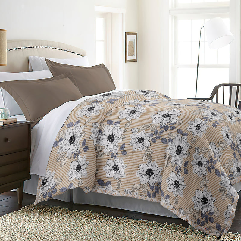 Ultrasonic Reversible Comforter – Floral Stripes & Geometric (Tan & White) | Queen Size (90x90 inches)