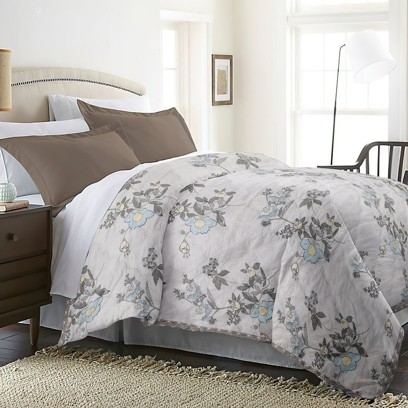 Ultrasonic Reversible Comforter – Floral & Geometric Lattice (Cream & Grey) | Queen Size (90x90 inches)