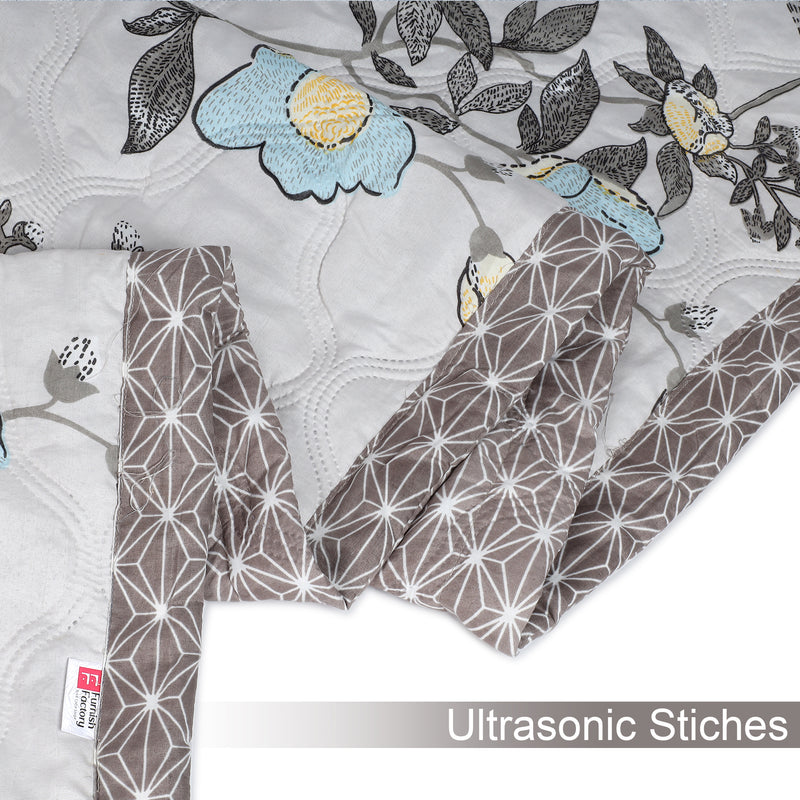 Ultrasonic Reversible Comforter – Floral & Geometric Lattice (Cream & Grey) | Queen Size (90x90 inches)