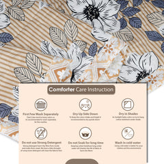 Ultrasonic Reversible Comforter – Floral Stripes & Geometric (Tan & White) | Queen Size (90x90 inches)