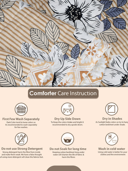 Ultrasonic Reversible Comforter – Floral Stripes & Geometric (Tan & White) | Queen Size (90x90 inches)