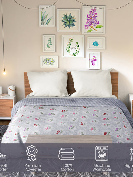 Ultrasonic Reversible Comforter – Floral & Houndstooth (Grey & White) | Queen Size (90x90 inches)