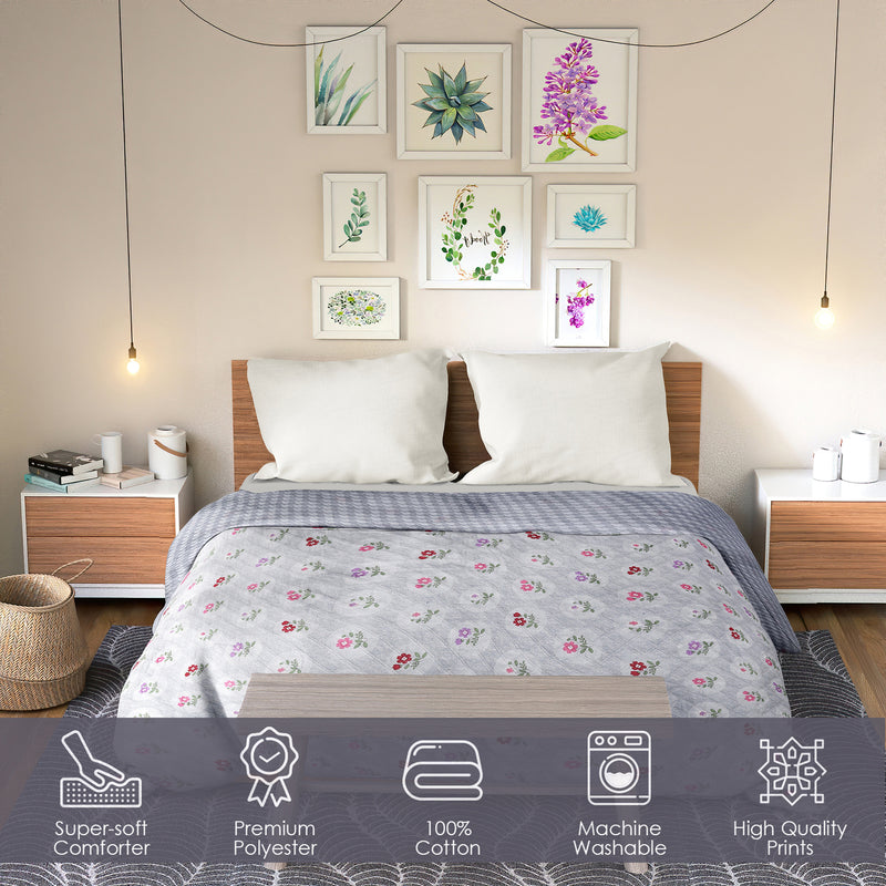 Ultrasonic Reversible Comforter – Floral & Houndstooth (Grey & White) | Queen Size (90x90 inches)