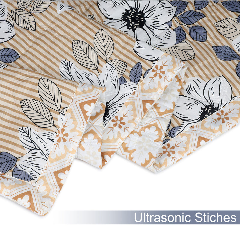 Ultrasonic Reversible Comforter – Floral Stripes & Geometric (Tan & White) | Queen Size (90x90 inches)