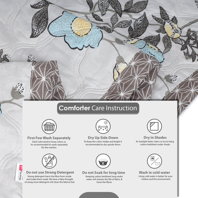 Ultrasonic Reversible Comforter – Floral & Geometric Lattice (Cream & Grey) | Queen Size (90x90 inches)