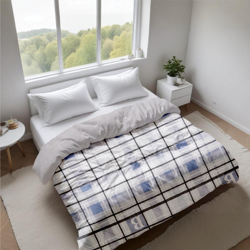 Ultrasonic Reversible Comforter – King Size (90x100 inches) | Black & White with Blue Squares
