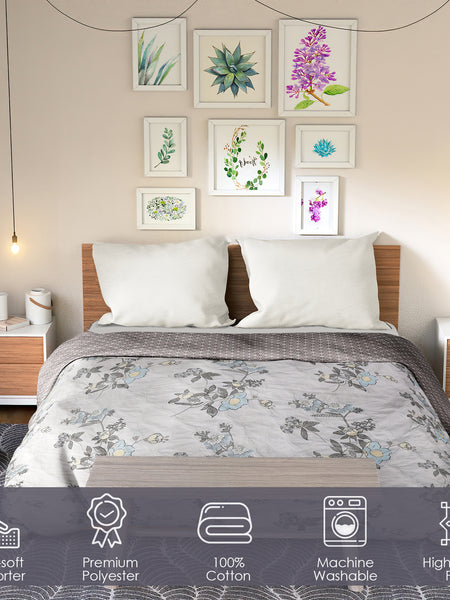 Ultrasonic Reversible Comforter – Floral & Geometric Lattice (Cream & Grey) | Queen Size (90x90 inches)
