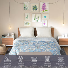 Ultrasonic Reversible Comforter – Classic Blue Blooms & Geometric Charm (Blue & Cream) | Queen Size (90x90 inches)
