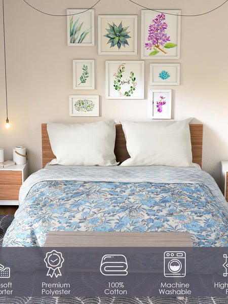 Ultrasonic Reversible Comforter – Classic Blue Blooms & Geometric Charm (Blue & Cream) | Queen Size (90x90 inches)