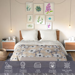 Ultrasonic Reversible Comforter – Floral Stripes & Geometric (Tan & White) | Queen Size (90x90 inches)