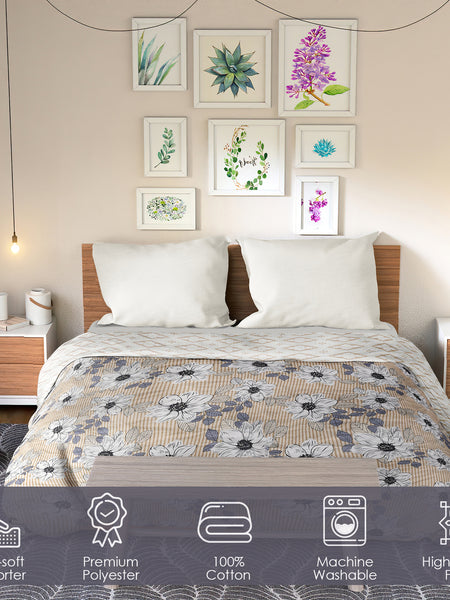 Ultrasonic Reversible Comforter – Floral Stripes & Geometric (Tan & White) | Queen Size (90x90 inches)