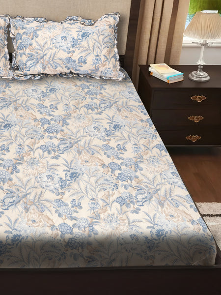 Elegant 5-Piece Quilted Bedding Set | King Size | Cream & Blue-Grey Floral Design