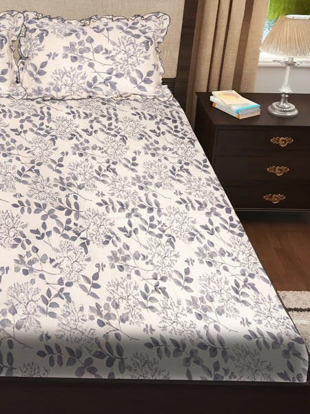 Elegant 5-Piece Quilted Bedding Set | King Size | Grey Leaf Botanical Print on White
