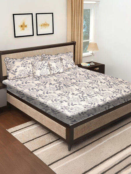 Elegant 5-Piece Quilted Bedding Set | King Size | Grey Leaf Botanical Print on White