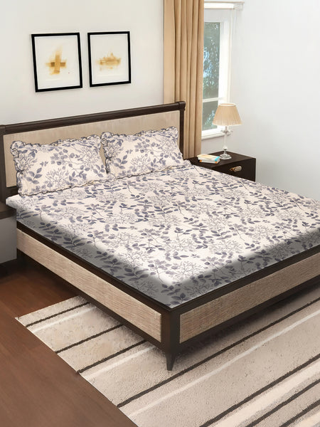 Elegant 5-Piece Quilted Bedding Set | King Size | Grey Leaf Botanical Print on White