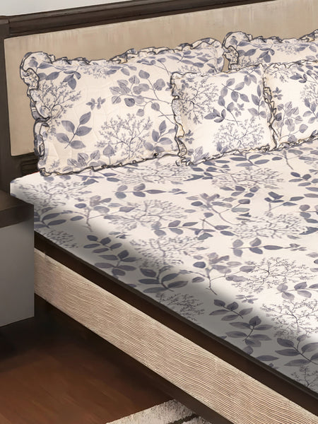 Elegant 5-Piece Quilted Bedding Set | King Size | Grey Leaf Botanical Print on White