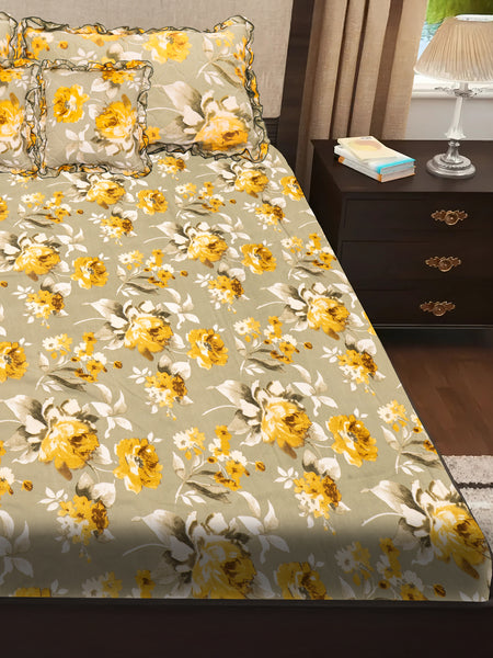 Elegant 5-Piece Quilted Bedding Set | King Size | Light Beige with Yellow & White Floral Design