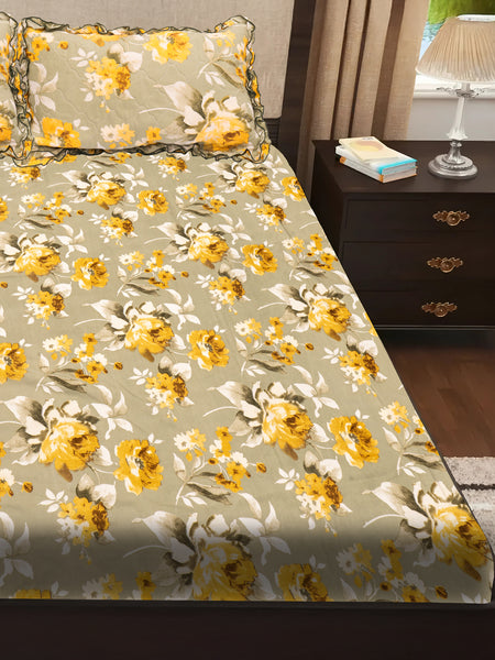 Elegant 5-Piece Quilted Bedding Set | King Size | Light Beige with Yellow & White Floral Design
