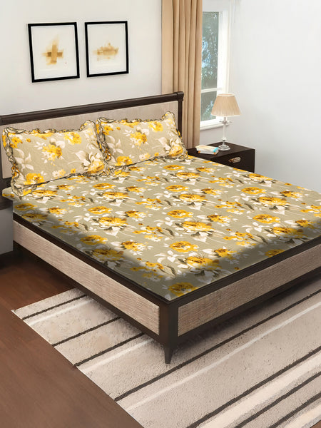 Elegant 5-Piece Quilted Bedding Set | King Size | Light Beige with Yellow & White Floral Design