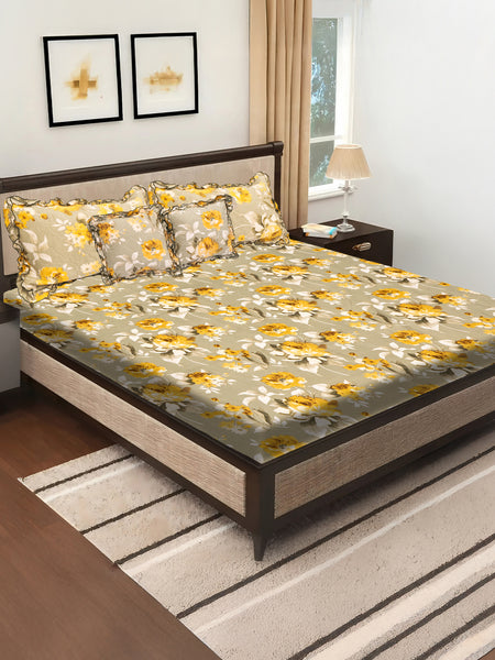 Elegant 5-Piece Quilted Bedding Set | King Size | Light Beige with Yellow & White Floral Design