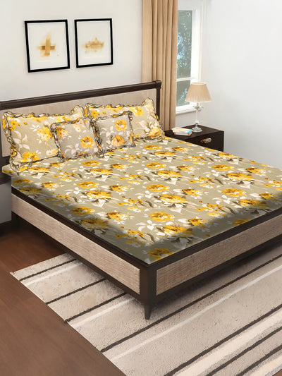 Elegant 5-Piece Quilted Bedding Set | King Size | Light Beige with Yellow & White Floral Design