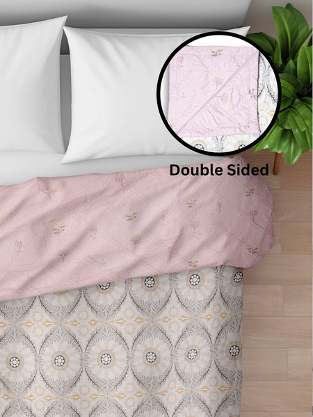 Ultrasonic Reversible Comforter – Baby Pink & Grey (Floral & Circular Patterns) | King Size (90x100 inches)