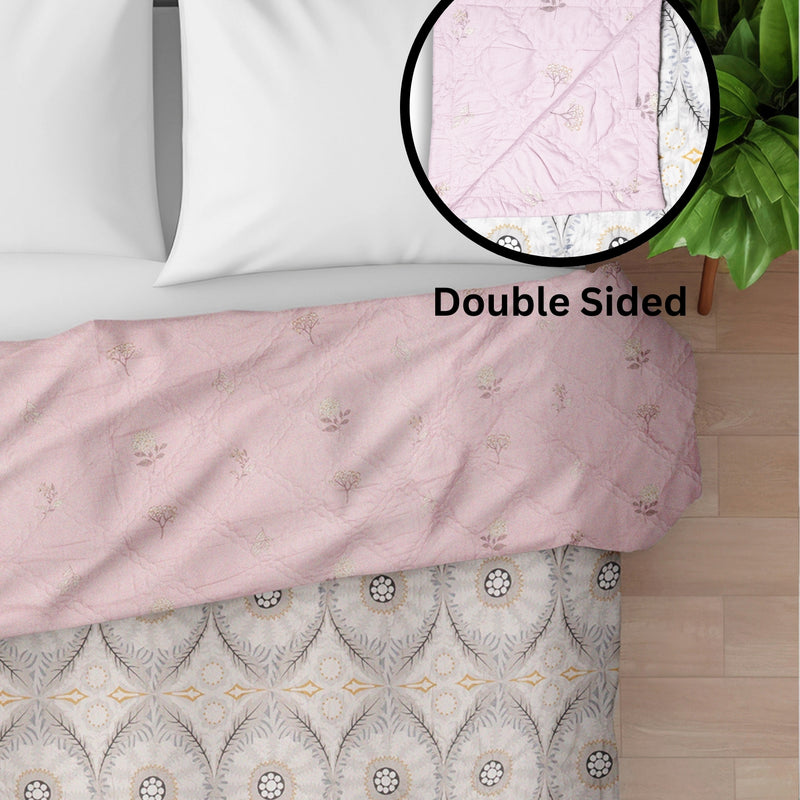 Ultrasonic Reversible Comforter – Baby Pink & Grey (Floral & Circular Patterns) | King Size (90x100 inches)