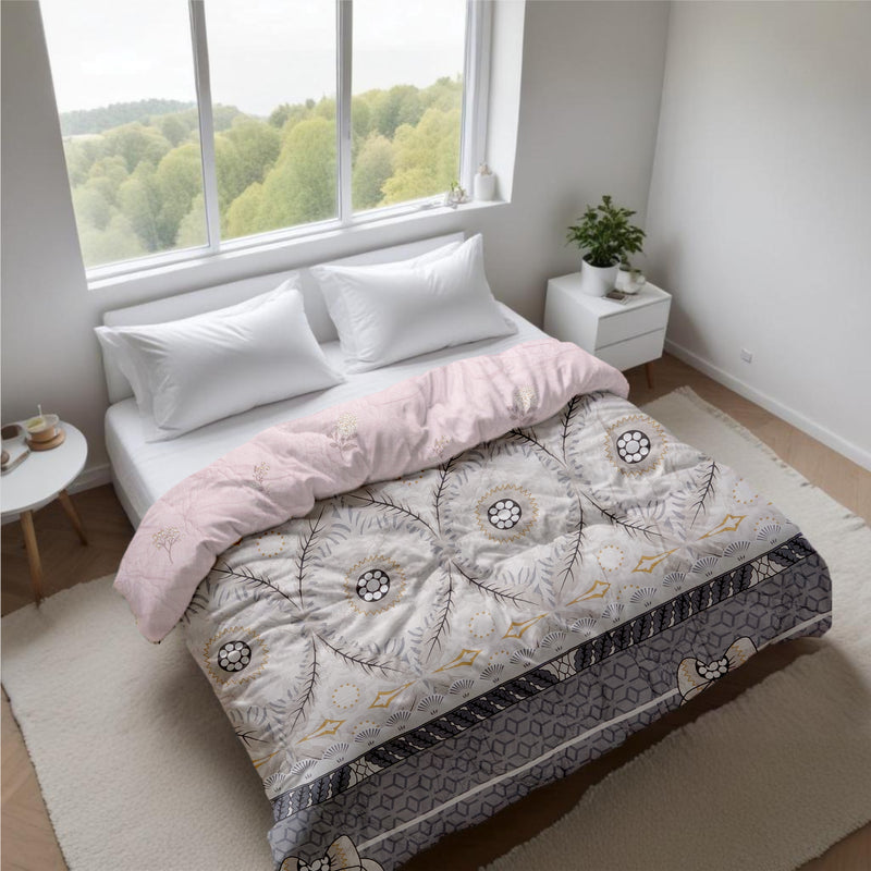 Ultrasonic Reversible Comforter – Baby Pink & Grey (Floral & Circular Patterns) | King Size (90x100 inches)