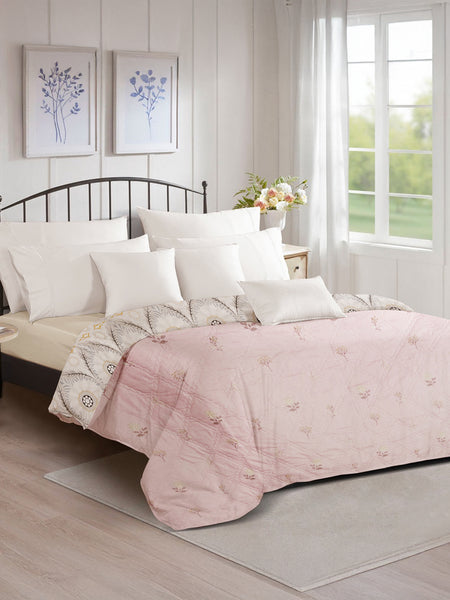 Ultrasonic Reversible Comforter – Baby Pink & Grey (Floral & Circular Patterns) | King Size (90x100 inches)