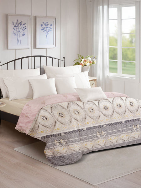 Ultrasonic Reversible Comforter – Baby Pink & Grey (Floral & Circular Patterns) | King Size (90x100 inches)