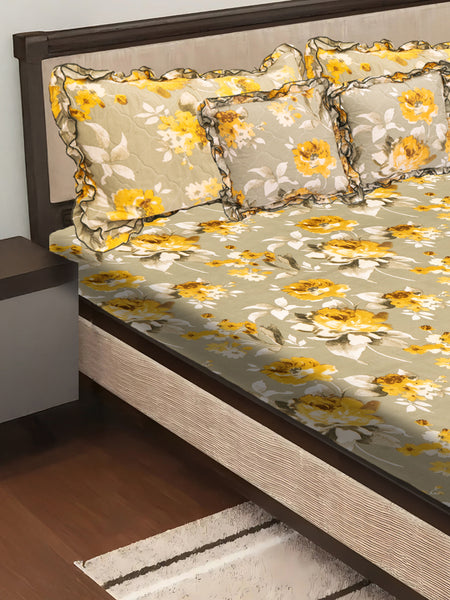 Elegant 5-Piece Quilted Bedding Set | King Size | Light Beige with Yellow & White Floral Design