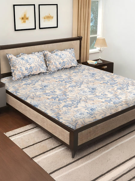 Elegant 5-Piece Quilted Bedding Set | King Size | Cream & Blue-Grey Floral Design