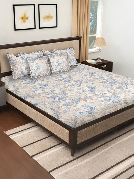 Elegant 5-Piece Quilted Bedding Set | King Size | Cream & Blue-Grey Floral Design