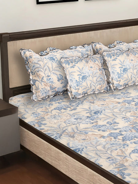 Elegant 5-Piece Quilted Bedding Set | King Size | Cream & Blue-Grey Floral Design