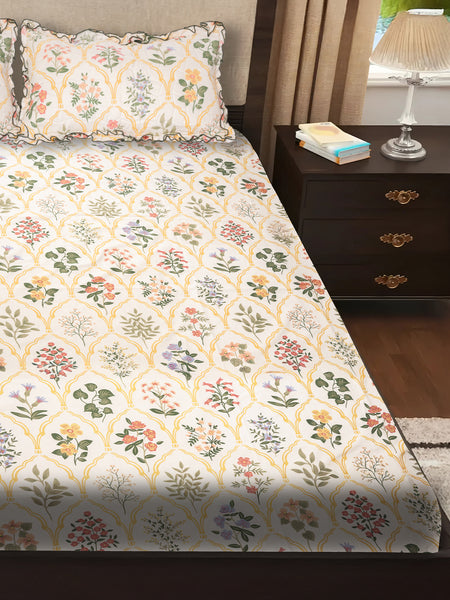 Elegant 5-Piece Quilted Bedding Set | King Size | Light Cream with Vintage Yellow, Green & Pink Floral Print